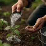 Muž sypajúci drevný popol na mladé rastliny v záhrade.