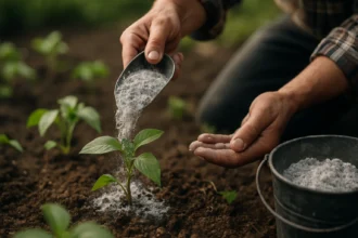 Muž sypajúci drevný popol na mladé rastliny v záhrade.