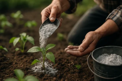 Muž sypajúci drevný popol na mladé rastliny v záhrade.