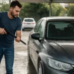 Muž umývajúci auto v samoobslužnej autoumývarni