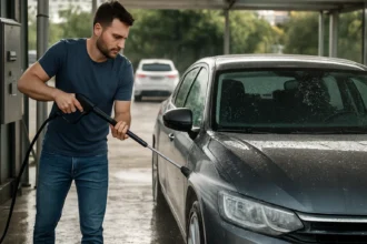 Muž umývajúci auto v samoobslužnej autoumývarni