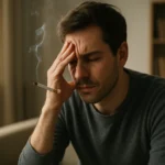 Muž so závislosťou na fajčení, vyjadrujúci stres a frustráciu.