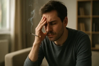 Muž so závislosťou na fajčení, vyjadrujúci stres a frustráciu.