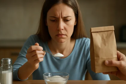 Žena skúma dusitanovú soľ s obavami nad jej užívaním.