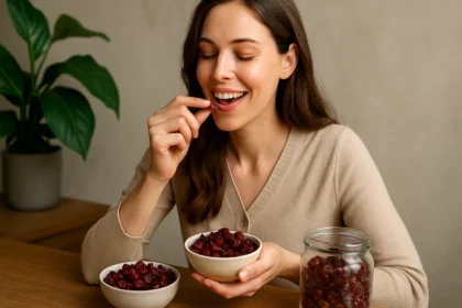 Žena si užíva sušené brusnice ako zdravý snack bohatý na antioxidanty.