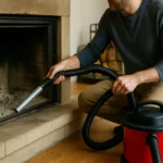 Muž čistí popol z krbu pomocou vysávača na popol.