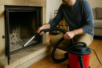 Muž čistí popol z krbu pomocou vysávača na popol.