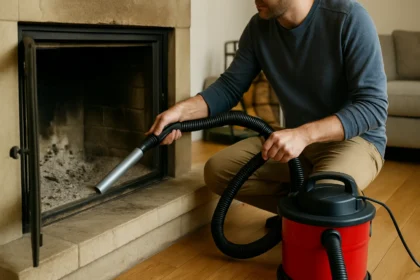 Muž čistí popol z krbu pomocou vysávača na popol.