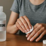 Žena používa acetón na čistenie nechtov.