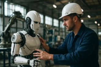 Muž kontroluje moderného kráčajúceho robota v priemyselnom prostredí.