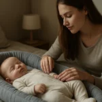 Bábätko spí v detskom hniezde, matka sa o neho stará.