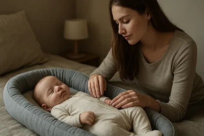 Bábätko spí v detskom hniezde, matka sa o neho stará.