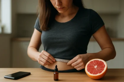 Žena meria obvod pásu s grapefruitovými kvapkami na stole