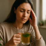 Žena pije mätový čaj na zmiernenie menštruačných ťažkostí