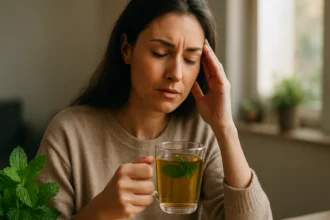 Žena pije mätový čaj na zmiernenie menštruačných ťažkostí