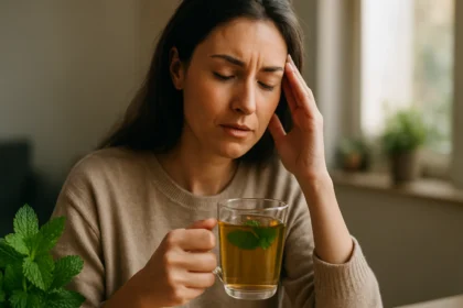 Žena pije mätový čaj na zmiernenie menštruačných ťažkostí