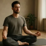 Muž v lotosovom sede počas meditácie na joga podložke.