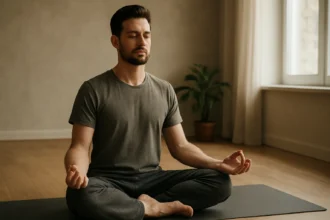 Muž v lotosovom sede počas meditácie na joga podložke.