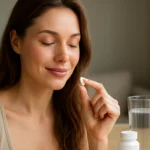 Žena sa pripravuje na užitie L-karnitínu pre zdravú pleť.