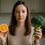 Žena drží pomaranč a brokolicu ako zdravé potraviny na posilnenie imunity.