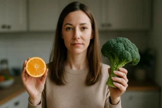 Žena drží pomaranč a brokolicu ako zdravé potraviny na posilnenie imunity.
