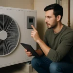 Muž nastavuje tepelné čerpadlo s tabletom v ruke.