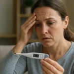 Žena kontroluje teplotu elektronickým teplomerom s obavami.