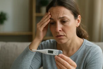 Žena kontroluje teplotu elektronickým teplomerom s obavami.