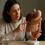 Žena skúma anatomický model tráviaceho systému so zameraním na žlč.