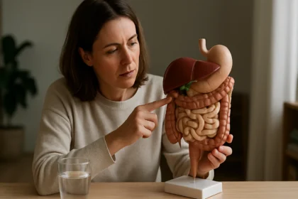 Žena skúma anatomický model tráviaceho systému so zameraním na žlč.