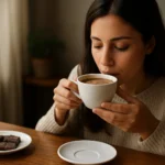 Žena si vychutnáva teplý nápoj a čokoládu