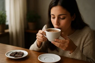 Žena si vychutnáva teplý nápoj a čokoládu
