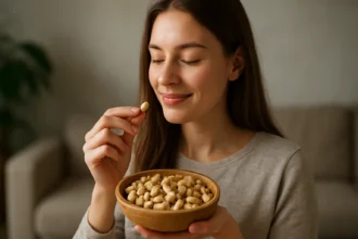 Žena si užíva kešu oriešok z misky plnej orieškov.