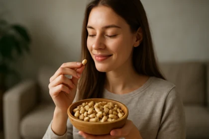 Žena si užíva kešu oriešok z misky plnej orieškov.