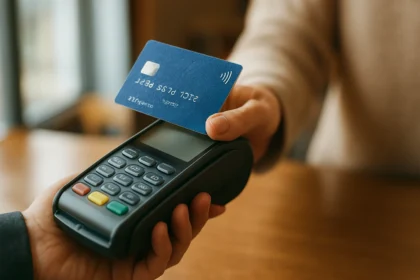 Osoba platí embosovanou platobnou kartou na termináli