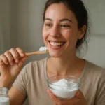 Žena s jedlou sódou a zubnou kefkou, pripravená na bielenie zubov.