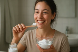 Žena s jedlou sódou a zubnou kefkou, pripravená na bielenie zubov.