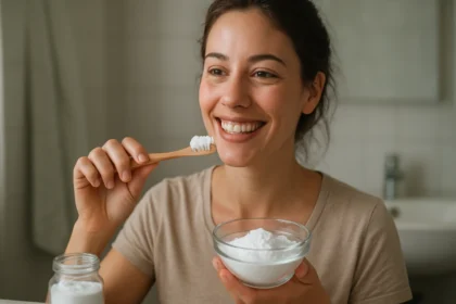 Žena s jedlou sódou a zubnou kefkou, pripravená na bielenie zubov.