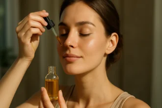 Žena nanášajúca hydratačný olej na pleť s jemným úsmevom