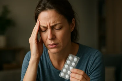 Žena trpiaca bolesťou hlavy s tabletkami v ruke