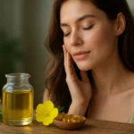 Žena sa dotýka tváre s pupalkovým olejom a žltými kvetmi