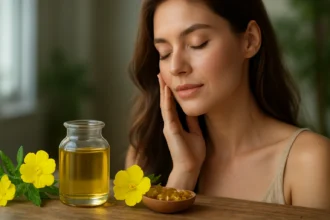 Žena sa dotýka tváre s pupalkovým olejom a žltými kvetmi