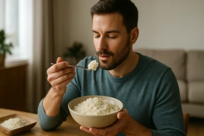 Muž vychutnávajúci si misku basmati ryže