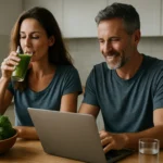 Dvojica ľudí si užíva zdravý životný štýl s ovocím a zeleninovým smoothie.