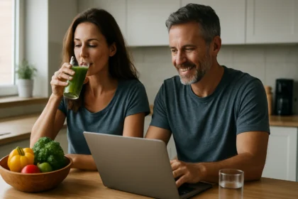 Dvojica ľudí si užíva zdravý životný štýl s ovocím a zeleninovým smoothie.