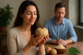Žena so skúsenosťou drží Pueraria Mirifica, doplnok zdravia a krásy.