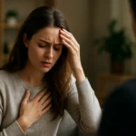 Žena trpiaca frustráciou a fyzickými symptómami prehnaného imunitného systému.