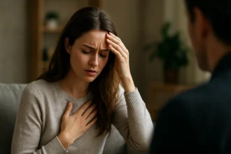 Žena trpiaca frustráciou a fyzickými symptómami prehnaného imunitného systému.