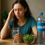 Žena sa zamyslene pozerá na pohár vody s alkalickým nápojom a zeleninou.