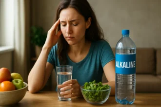 Žena sa zamyslene pozerá na pohár vody s alkalickým nápojom a zeleninou.